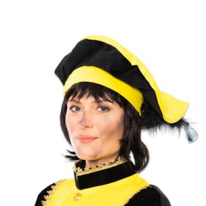 Piet baret fluweel met veer geel/zwart