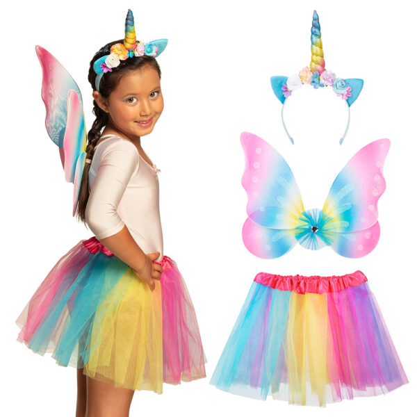 Set Eenhoornfee regenboog (tiara,vleugels,tutu)