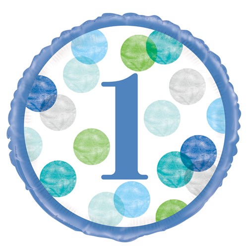 Folieballon dots first birthday blauw